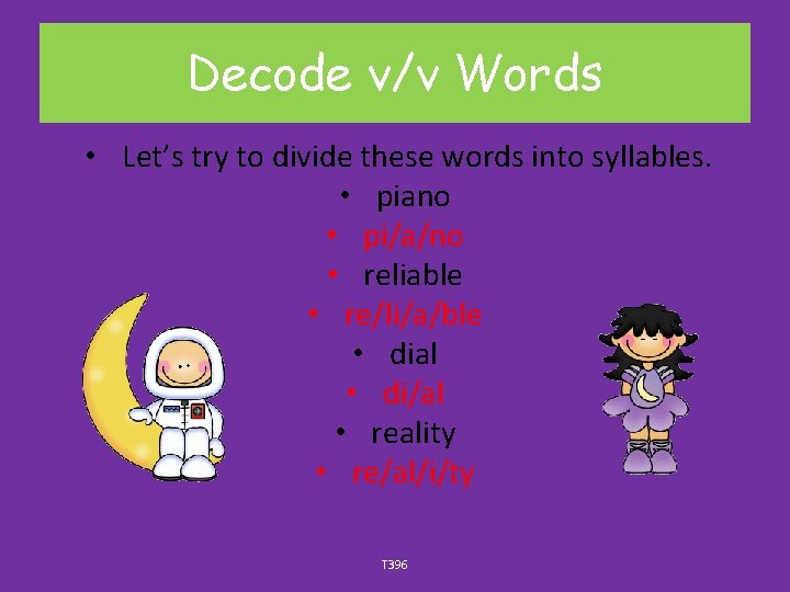 Decode v/v Words • Let’s try to divide these words into syllables. • piano