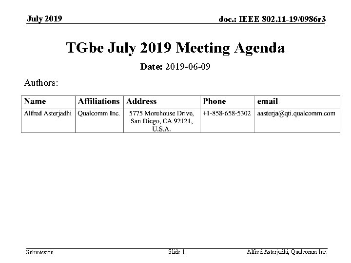 July 2019 doc. : IEEE 802. 11 -19/0986 r 3 TGbe July 2019 Meeting