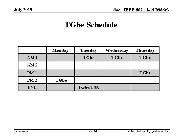 July 2019 doc. : IEEE 802. 11 -19/0986 r 3 TGbe Schedule Monday AM