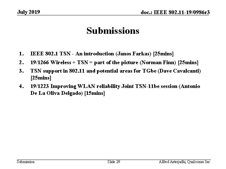 July 2019 doc. : IEEE 802. 11 -19/0986 r 3 Submissions 1. 2. 3.