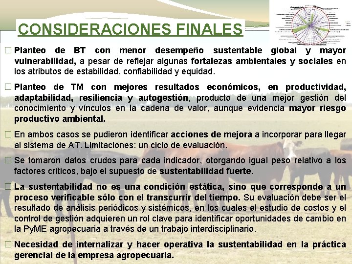 CONSIDERACIONES FINALES � Planteo de BT con menor desempeño sustentable global y mayor vulnerabilidad,