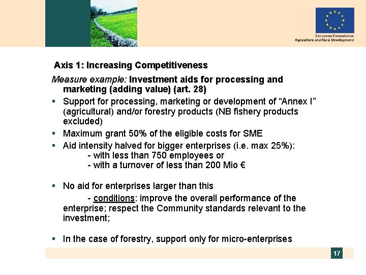 Axis 1: Increasing Competitiveness Measure example: Investment aids for processing and marketing (adding value)