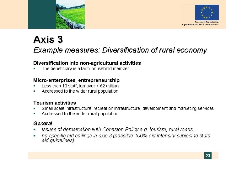 Axis 3 Example measures: Diversification of rural economy Diversification into non-agricultural activities § The