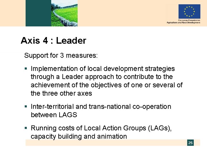 Axis 4 : Leader Support for 3 measures: § Implementation of local development strategies