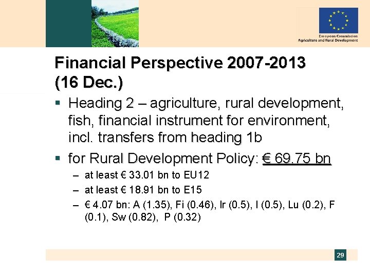 Financial Perspective 2007 -2013 (16 Dec. ) § Heading 2 – agriculture, rural development,