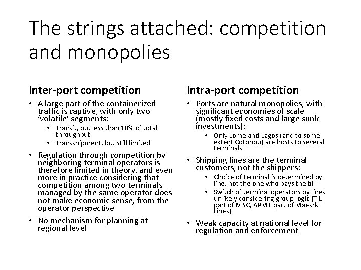 The strings attached: competition and monopolies Inter-port competition Intra-port competition • A large part