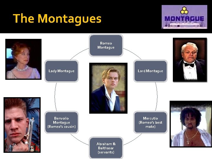The Montagues Romeo Montague Lady Montague Lord Montague Benvolio Montague (Romeo’s cousin) Mercutio (Romeo’s