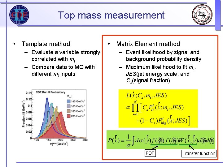 Top mass measurement • Template method – Evaluate a variable strongly correlated with mt Top mass measurement • Template method – Evaluate a variable strongly correlated with mt