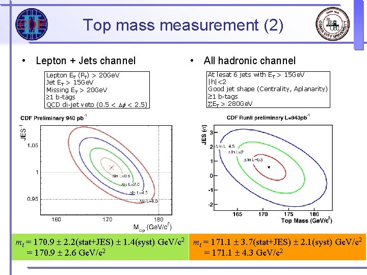 Top mass measurement (2) • Lepton + Jets channel Lepton ET (PT) > 20 Top mass measurement (2) • Lepton + Jets channel Lepton ET (PT) > 20