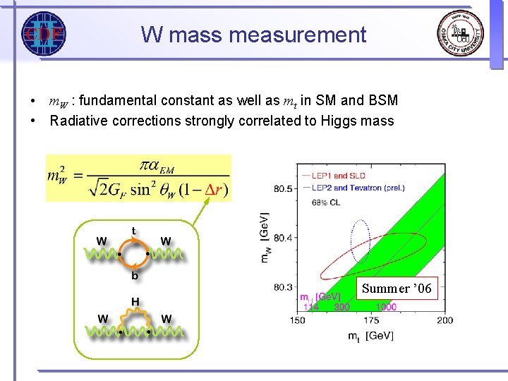 W mass measurement • m. W : fundamental constant as well as mt in W mass measurement • m. W : fundamental constant as well as mt in