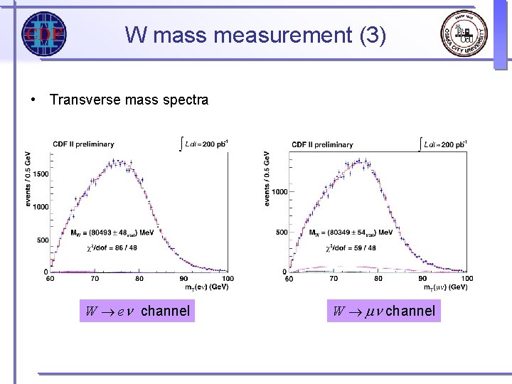 W mass measurement (3) • Transverse mass spectra W en channel W mn channel W mass measurement (3) • Transverse mass spectra W en channel W mn channel