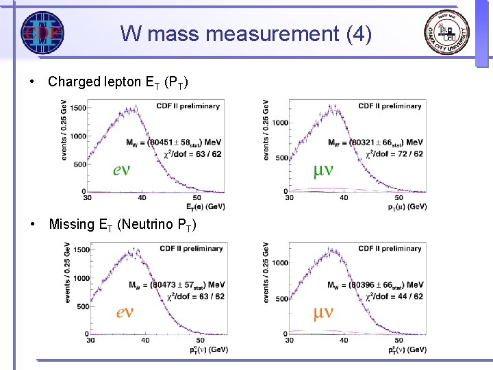 W mass measurement (4) • Charged lepton ET (PT) • Missing ET (Neutrino PT) W mass measurement (4) • Charged lepton ET (PT) • Missing ET (Neutrino PT)