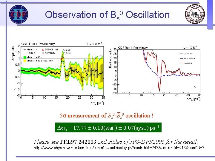 Observation of Bs 0 Oscillation 5 s measurement of Bs 0 -Bs 0 oscillation Observation of Bs 0 Oscillation 5 s measurement of Bs 0 -Bs 0 oscillation