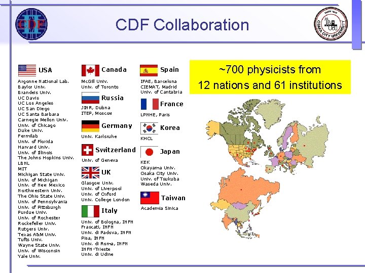CDF Collaboration USA Argonne National Lab. Baylor Univ. Brandeis Univ. UC Davis UC Los CDF Collaboration USA Argonne National Lab. Baylor Univ. Brandeis Univ. UC Davis UC Los