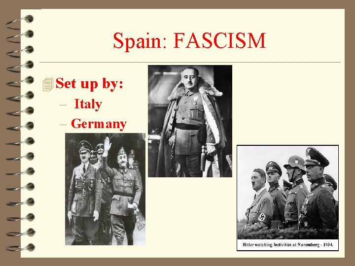 Spain: FASCISM 4 Set up by: – Italy – Germany 