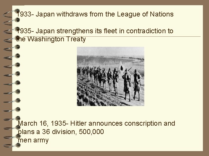 1933 - Japan withdraws from the League of Nations 1935 - Japan strengthens its