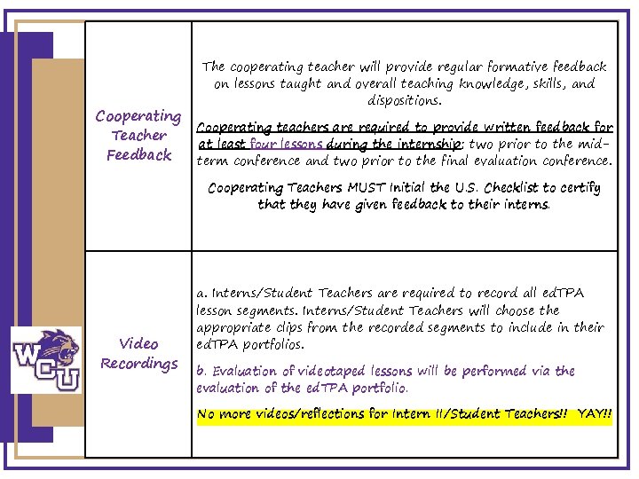 Cooperating Teacher Feedback The cooperating teacher will provide regular formative feedback on lessons taught