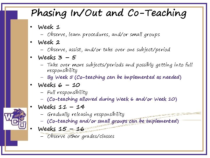 Phasing In/Out and Co-Teaching • Week 1 – Observe, learn procedures, and/or small groups