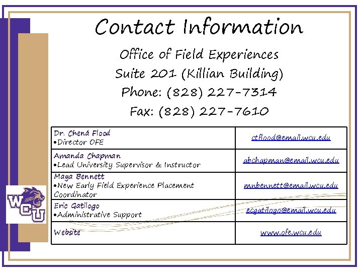 Contact Information Office of Field Experiences Suite 201 (Killian Building) Phone: (828) 227 -7314
