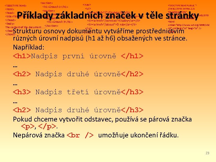 <section> <!DOCTYPE html> <h 1>Úroveň 1</h 1> <html> <section> <head> <h 1>Úroveň 2</h 1>