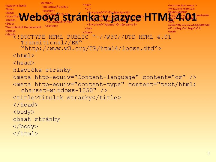 <section> <!DOCTYPE html> <h 1>Úroveň 1</h 1> <html> <section> <head> <h 1>Úroveň 2</h 1>