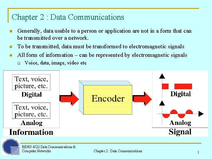 Chapter 2 : Data Communications n n n Generally, data usable to a person