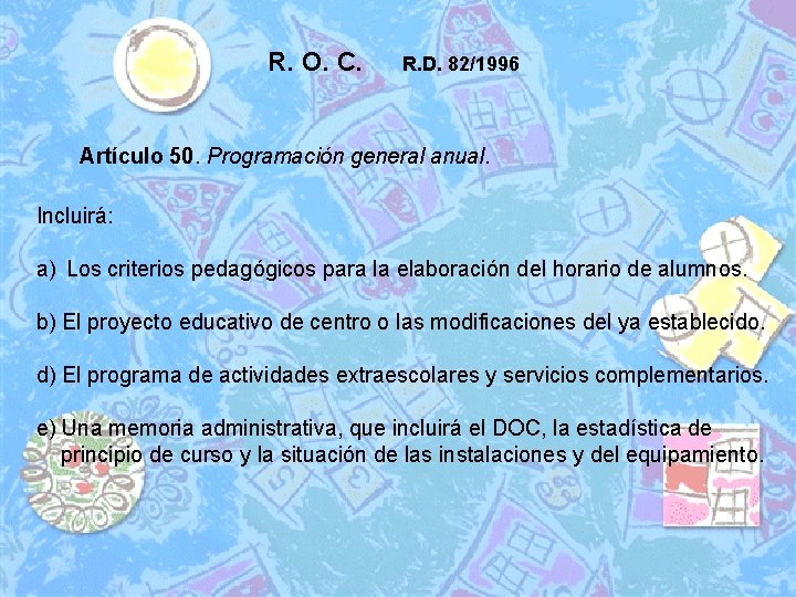 R. O. C. R. D. 82/1996 Artículo 50. Programación general anual. Incluirá: a) Los