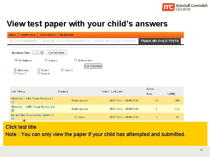 View test paper with your child’s answers Click test title Note : You can