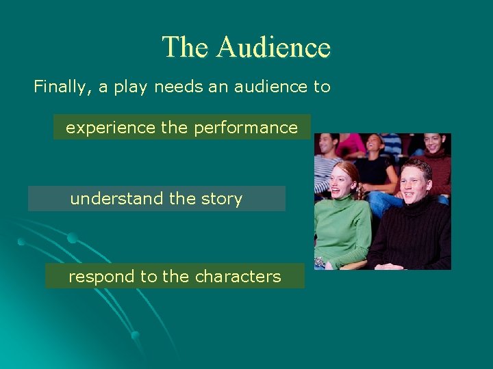 The Audience Finally, a play needs an audience to experience the performance understand the The Audience Finally, a play needs an audience to experience the performance understand the