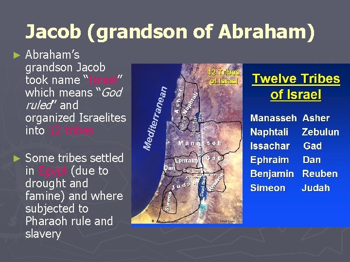 Jacob (grandson of Abraham) ► Abraham’s grandson Jacob took name “Israel” which means “God