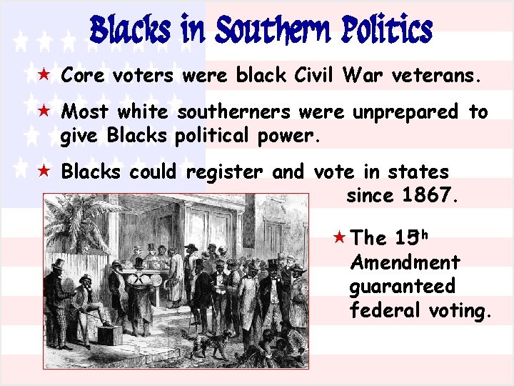 Blacks in Southern Politics « Core voters were black Civil War veterans. « Most