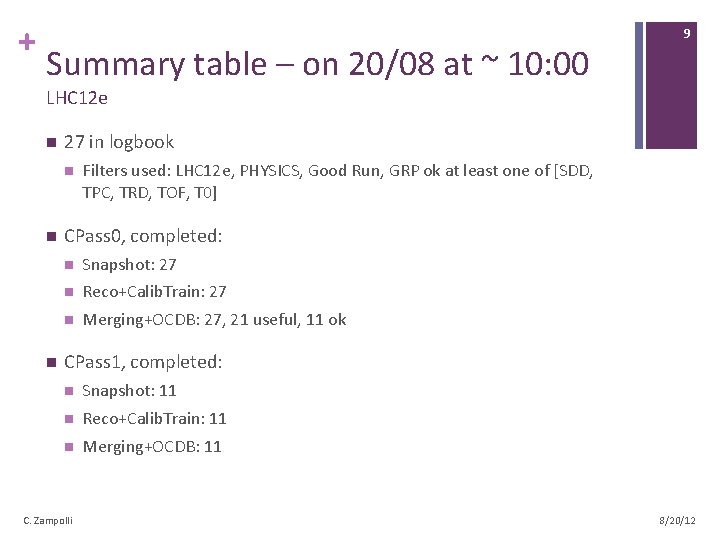 + Summary table – on 20/08 at ~ 10: 00 9 LHC 12 e