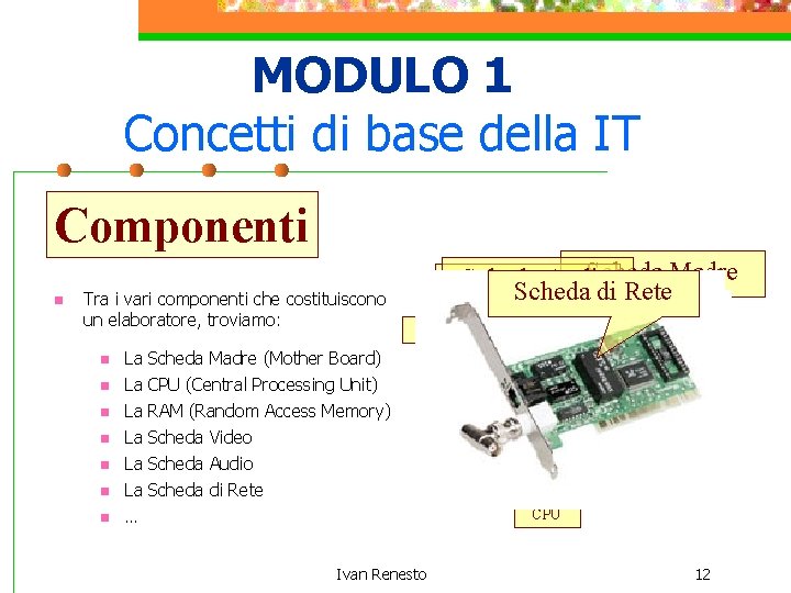 MODULO 1 Concetti di base della IT Componenti n Tra i vari componenti che