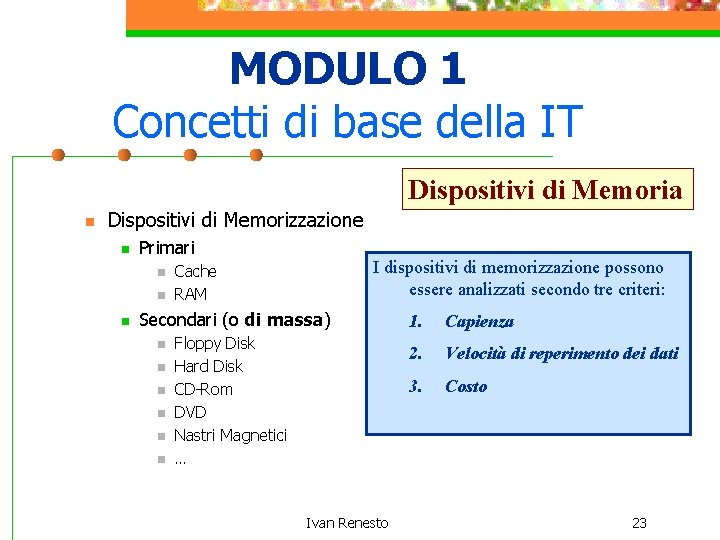 MODULO 1 Concetti di base della IT Dispositivi di Memoria n Dispositivi di Memorizzazione