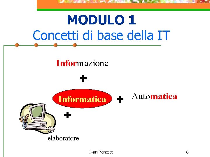 MODULO 1 Concetti di base della IT Informazione + Informatica + + Automatica elaboratore