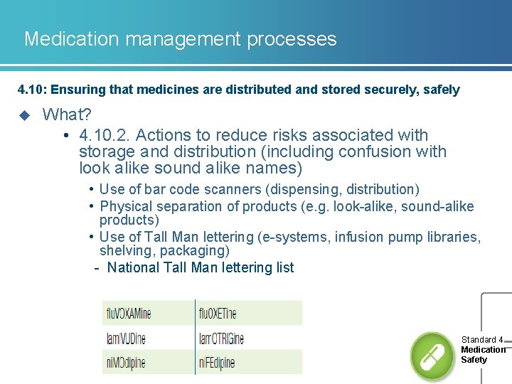 Medication management processes 4. 10: Ensuring that medicines are distributed and stored securely, safely