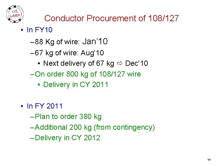 Conductor Procurement of 108/127 • In FY 10 – 88 Kg of wire: Jan’