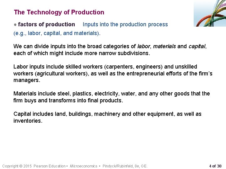 The Technology of Production ● factors of production Inputs into the production process (e.