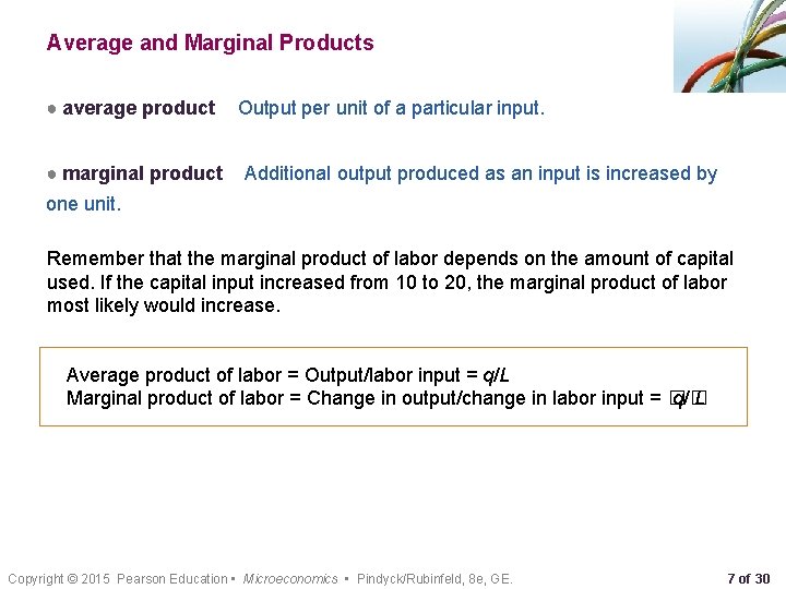 Average and Marginal Products ● average product ● marginal product Output per unit of