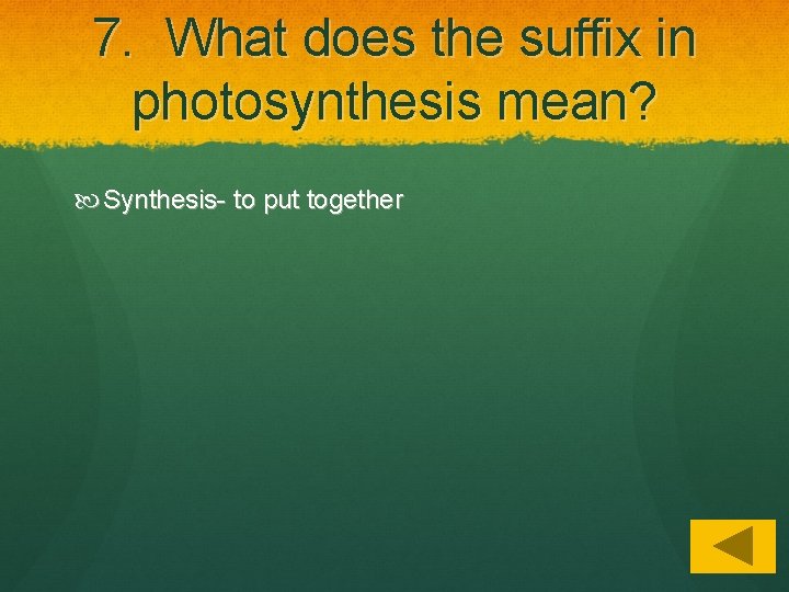 7. What does the suffix in photosynthesis mean? Synthesis- to put together 