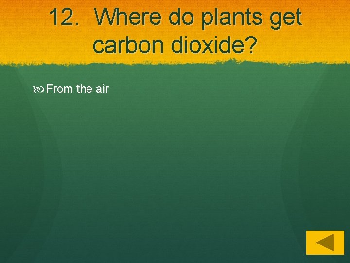12. Where do plants get carbon dioxide? From the air 