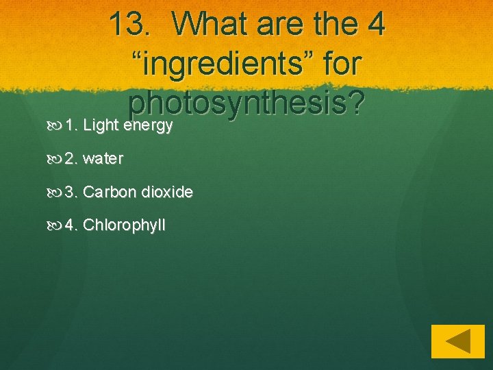 13. What are the 4 “ingredients” for photosynthesis? 1. Light energy 2. water 3.