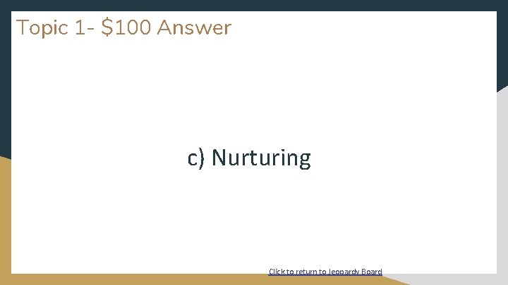 Topic 1 - $100 Answer c) Nurturing Click to return to Jeopardy Board 