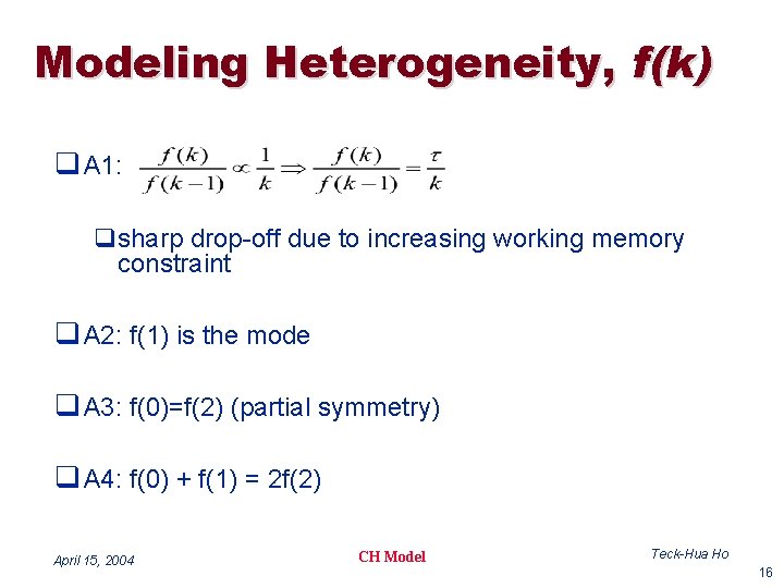 Modeling Heterogeneity, f(k) q A 1: qsharp drop-off due to increasing working memory constraint