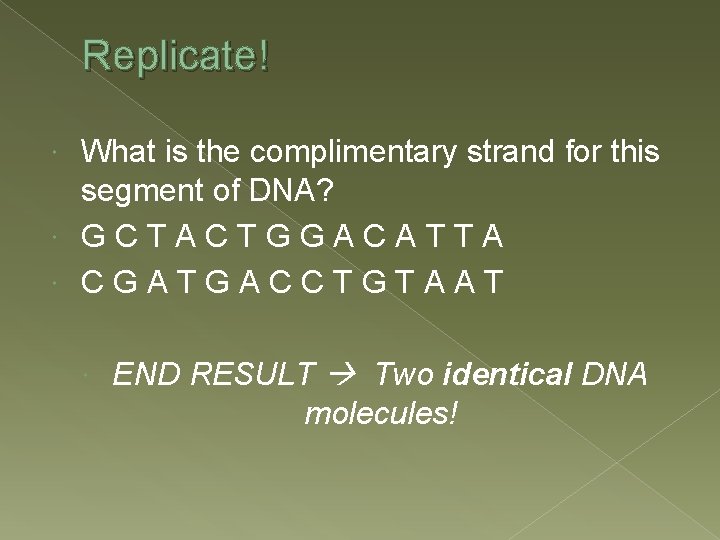 Replicate! What is the complimentary strand for this segment of DNA? GCTACTGGACATTA CGATGACCTGTAAT END