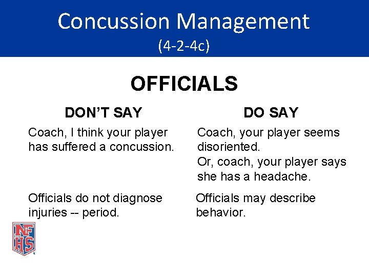 Concussion Management (4 -2 -4 c) OFFICIALS DON’T SAY DO SAY Coach, I think
