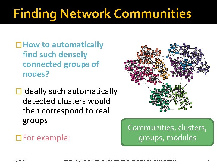 Finding Network Communities �How to automatically find such densely connected groups of nodes? �Ideally