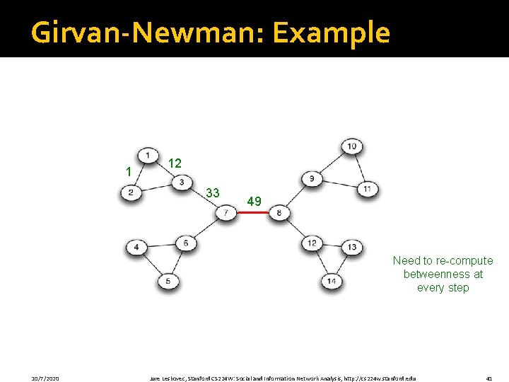 Girvan-Newman: Example 1 12 33 49 Need to re-compute betweenness at every step 10/7/2020