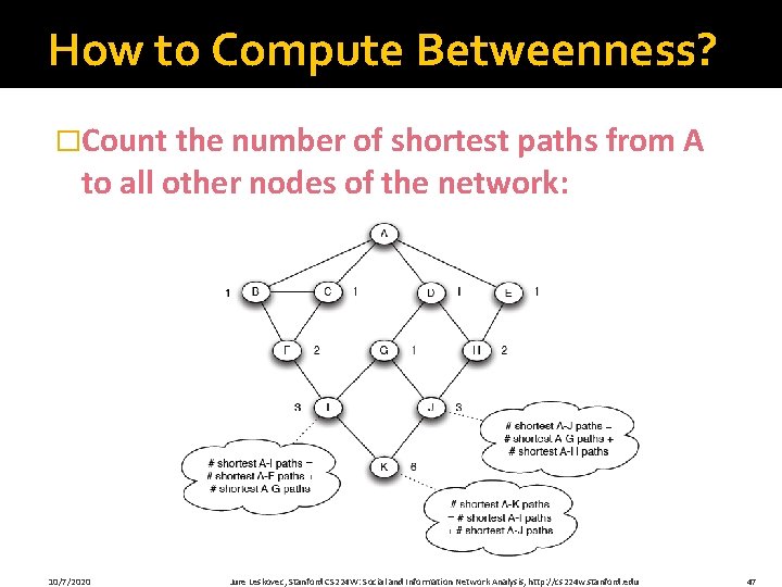 How to Compute Betweenness? �Count the number of shortest paths from A to all