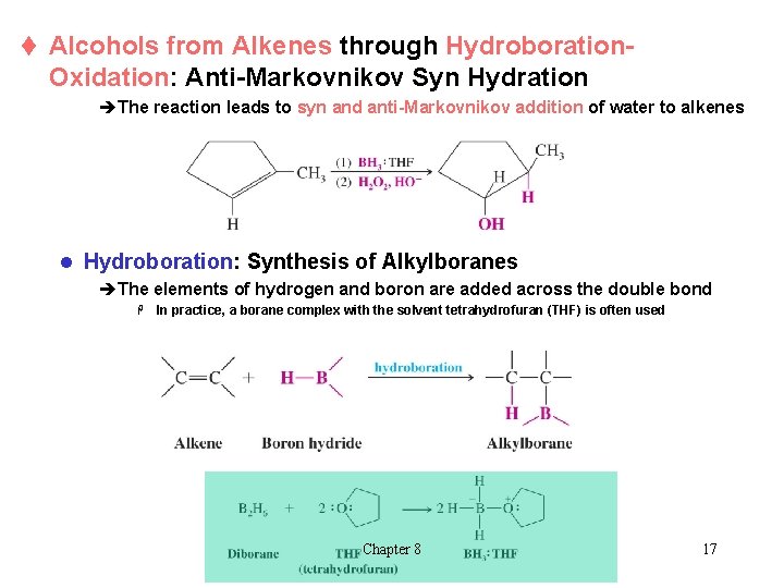 t Alcohols from Alkenes through Hydroboration- Oxidation: Anti-Markovnikov Syn Hydration èThe reaction leads to